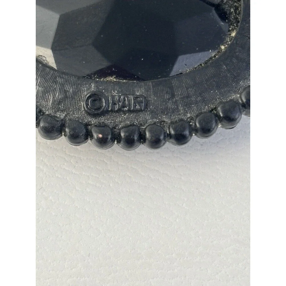 Vintage Retro HAR Black Cut Glass Cab Black Rhinestone Japanned 2” Oval Brooch